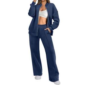 Wholesale Factory Direct Women's Casual 2 Piece Outfits Oversized Fleece Sweatsuit <b>Zip</b> Long Sleeve Sweatshirt Wide Leg - Product Image 5