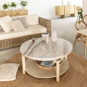 Table basse ronde Vandana Aston Mira en bois de manguier et marbre - Product Image 1