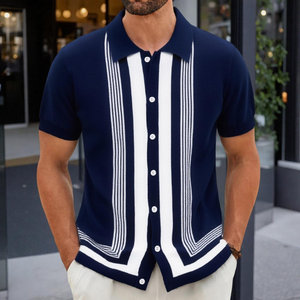 Camisa de punto a rayas de verano para hombre, manga corta, cuello vuelto, informal de negocios, de poliéster - Product Image 1