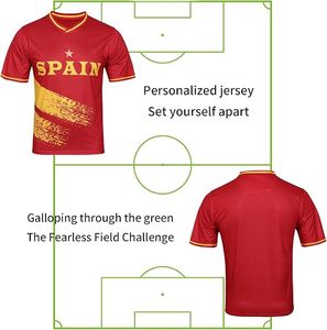 Maillot de football d'Espagne unisexe, col en V, manches courtes, rouge et jaune, impression sublimée, évacuation de l'humidité, nom d'équipe personnalisé, 100% sport - Product Image 3