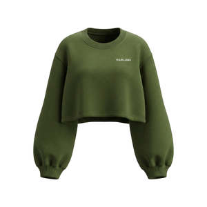 เสื้อครอปคอกลมผู้หญิง แขนยาวทรงบอลลูน โอเวอร์ไซส์ สีพื้น สไตล์สตรีท - Product Image 3