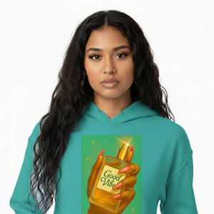 Sudadera con Capucha Color Verde Azulado para Mujer con Estampado de Perfume Good Vibes, Sudadera de Algodón para Otoño - Product Image 5