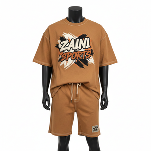 Ensemble t-shirt et short pour homme en jersey de coton de haute qualité, 240 GSM, toucher doux, marron uni, logo imprimé personnalisé - Product Image 1