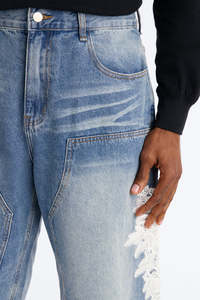 Pantalones Cortos de Mezclilla Negros Desgastados con Parches, Estilo Streetwear, de Alta Calidad OEM, para Hombre - Product Image 3