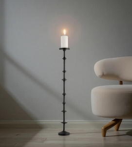 <b>Tall</b> Black Metal Floor Candle Holder - Modern Nodulated Stem <b>Candlestick</b> Stand for Pillar Candles Living Room Home Decor - Product Image 1