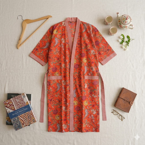 Robe Kimono en Coton Orange Durable pour Femme, Col en V, Manches Longues, Bordure Contrastante, 2 Poches, Faite à la Main, Longue Robe de Nuit et de Détente - Product Image 2