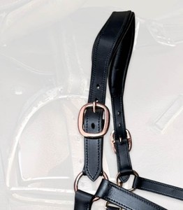 Luxury <b>Black</b> Leather Horse Halter Crystal Rhinestone Patent Noseband & <b>Rose</b> Gold Fitting Wholesale English Tack Manufacturer - Product Image 3