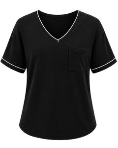 Customized Black Women V Neck T Shirt Contrast Piping Short Sleeve Pocket Tee Soft Breathable Casual Summer <b>Top</b> Comfortable Fit - Product Image 1