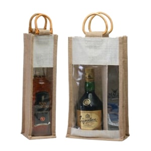 Sac fourre-tout en jute double fait à la main pour le transport du vin poignées en bois fermeture à cordon renfort inférieur lavable pliable design-cadeau - Product Image 1