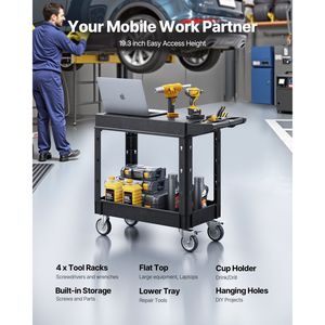 Carrello Multiuso Resistente con Capacità di Carico di 250 Kg, Carrello di Servizio a Due Ripiani Girevole a 360 Gradi con Mensole da 80 x 45 cm - Product Image 2