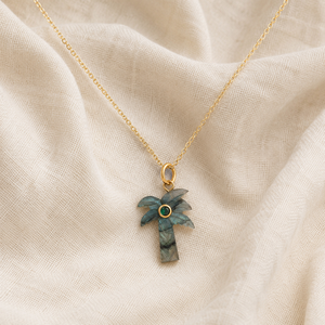 Natural Labradorite Carved <b>Palm</b> <b>Tree</b> <b>Necklace</b> Green Zircon Accent Gold Chain Adjustable Trendy Boho Tropical Jewelry Handmade - Product Image 1