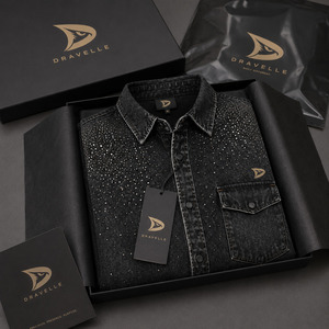 Camisa de Mezclilla Negra Lavada con Cristales Brillantes, Corte Holgado, Estilo Retro de los 90, Unisex, con Botones - Product Image 5