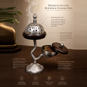 Brûleur d'encens artisanal de style branche avec dôme en argent perforé, plateforme en bois et bol recouvert assorti pour la diffusion de parfum - Product Image 4