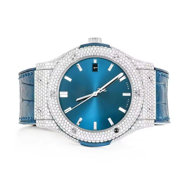 High End Luxury Fashion Simple Unisex Square Cut Diamond Stainless Steel Watch Custom Stick Blue Dial Quartz Movement 41MM Dial