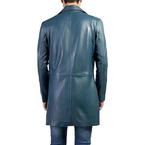 Manteau trench en cuir bleu vintage pour homme, cuir véritable, longueur mi-longue, fermeture éclair, coupe-vent écologique, streetwear personnalisé - Product Image 2