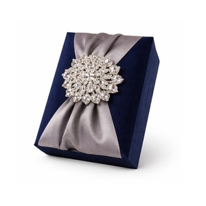 Navy Blue Rhinestone Brooch Embellished Silk Wedding Gift Favour <b>Box</b> - Product Image 1