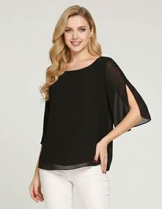 Haut décontracté noir pour femme en tissu georgette uni, avec doublure en crêpe, longueur normale, col rond, manches trois quarts, entièrement cousu, élégant - Product Image 2