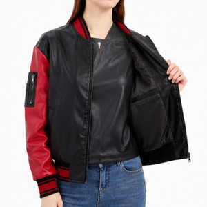 <b>Women's</b> Black & Red Real Leather Varsity Bomber <b>Jacket</b> | Casual Zip-Up Baseball <b>Jacket</b> | OEM ODM Custom Wholesale - Product Image 4