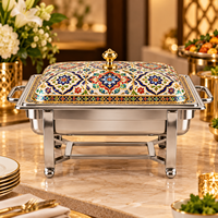 Plat à réchaud rectangulaire de luxe en acier inoxydable avec motif floral émaillé pour buffet