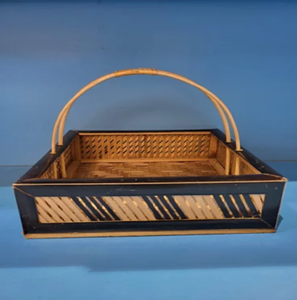 Eco-Friendly Luxury Tapered Square-to-Round Handwoven <b>Bamboo</b> Storage <b>Basket</b> Hanging Functionality Four Short Sturdy Wooden Legs - Product Image 3