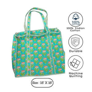 Bolsa de Mano de Algodón Acolchado Verde, Estampado Floral Hecho a Mano en Jaipur, Ecológica, Resistente, para Compras Diarias, Regalos, Lavable a Máquina - Product Image 3