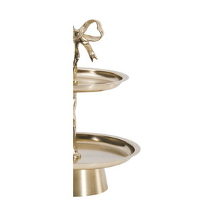 Charming Two <b>Tier</b> Golden <b>Cake</b> Stand Featuring Smooth Circular Trays And A Unique Central Stem Topped With A Bow For Serving - Product Image 6