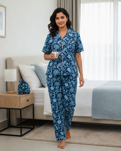 Conjunto de Pijama de Lujo para Mujer, 100% Algodón Estampado, Manga Corta, Ligero, con Bolsa con Cordón, Suave y Transpirable - Product Image 1