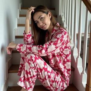 Conjunto de ropa de descanso transpirable de algodón Rose Drift en una camisa de manga larga de viscosa con tema Rosa botánico suave y pantalones con bolsillos PJ - Product Image 4