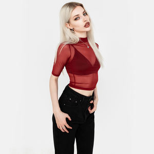 Wholesale Women's Fashion Wear 100% Polyester Mesh <b>Tops</b> Women Shorts Sleeves <b>Mock</b> <b>Neck</b> Cropped Slim Fit Mesh T Shirts - Product Image 4