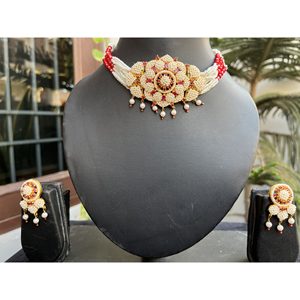 Parure de bijoux indiens ethniques pour femme, collier ras-du-cou en laiton plaqué or, fait main, motif floral Jaal Puwai multicolore, style traditionnel indien - Product Image 2