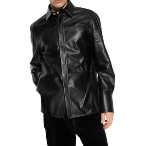 Men's PU <b>Leather</b> Shirt Turn-down Collar <b>Long</b> Sleeve Button Front Knitted <b>Jacket</b> Winter Casual Streetwear Solid Pattern Custom - Product Image 3