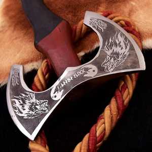 Hache viking à double tête faite à la main, en acier forgé à haute teneur en carbone, avec manche en bois et fourreau en cuir, pour bricolage et OEM - Vente chaude - Product Image 2