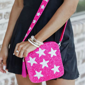 Sac bandoulière carré en toile de haute qualité avec perles, motif étoile, et large sangle amovible pour femme – Idéal pour les soirées - Product Image 1