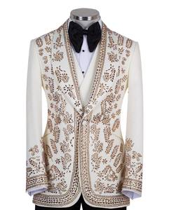 Traje de esmoquin bordado con pedrería blanca y dorada para hombre – Blazer de lujo de diseñador para novio, graduación y fiestas nocturnas - Product Image 1