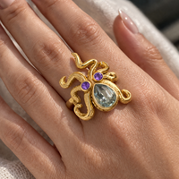 Bague en laiton motif pieuvre avec sertissage clos, topaze naturelle en forme de poire et pierres précieuses multiples, bijou féminin de créateur fait main, inspiration océan glamour