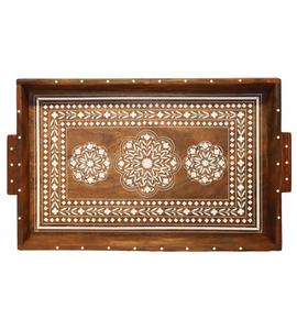Bone Inlay Tray Wooden Serving Tray with Floral Design Handmade Luxury Coffee <b>Table</b> Decor - Product Image 1
