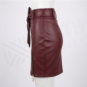 Jupe crayon mini en similicuir taille haute pour femme avec nœud et fermetures éclair latérales, couleur unie, coupe moulante sexy, toutes saisons - Product Image 3