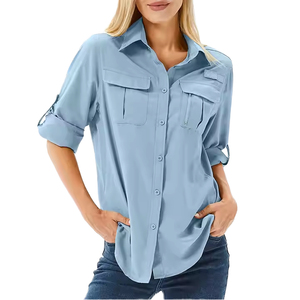 Camisa Azul Claro con Botones para Mujer, con Bolsillos en el Pecho, Manga Larga, Estilo Casual, Color Sólido - Product Image 5