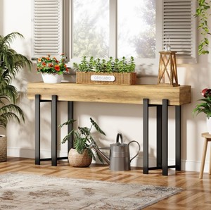 Console moderne rustique en bois avec base en métal, étagère de rangement, meuble d'entrée ou de salon - Product Image 5