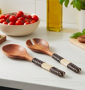 Modern Wooden Salad Servers Set With Woven Handles Bohemian Style Eco Friendly Flatware For <b>Kitchen</b> Use <b>Camping</b> And Hotel Use - Product Image 3
