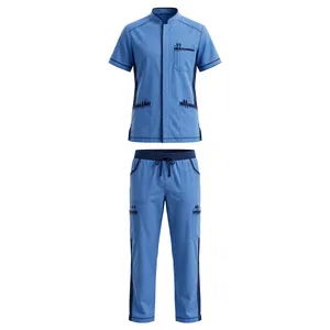 Conjunto de uniforme médico unisex azul con blusa de manga corta con bolsillos y pantalones con cordón, transpirable, 100% poliéster, con detección de agujas, en stock - Product Image 1