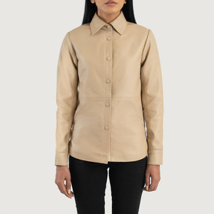 Chaqueta de Cuero Beige Genuino Ecológico de Alta Calidad para Mujer, Estilo Motero, Accesorios, Venta al por Mayor, Colores Personalizados, Logotipo OEM, Botones - Product Image 1