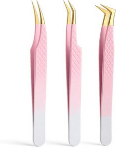 Pince à épiler de précision antistatique KHADMI IMPEX pour extensions de cils avec pointe en fibre, options droite/courbe/volume, plaquée or - Product Image 1