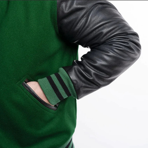 Custom Embroidery <b>Men</b> Green Leather Sleeve <b>Baseball</b> Bomber Letterman <b>Jacket</b> Stand Collar Unisex Casual Autumn Wear <b>Men's</b> <b>Jackets</b> - Product Image 4