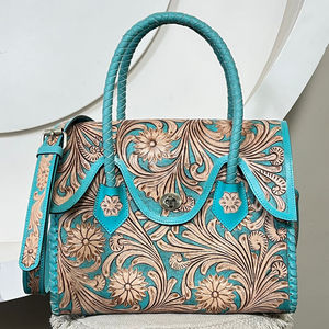 Sac fourre-tout en cuir véritable turquoise Western 2026 pour femme, fait main, avec motifs floraux gravés et bandoulière - Product Image 4