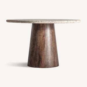 Table à manger ronde moderne en travertin avec piétement en bois de manguier massif |   Table à manger de luxe avec plateau en pierre - Product Image 1