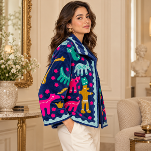 Chaqueta de terciopelo azul índigo con bordado Suzani y motivos de arte folclórico coloridos | Prenda Exterior Bohemia de Frente Abierto con Cuello Decorativo - Product Image 4