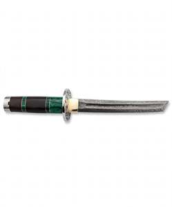 Cuchillo de hoja fija artesanal de acero de Damasco estilo japonés, herramienta de exhibición con guardacuchillo de latón y mango de madera de resina verde, DIY OEM - Product Image 4