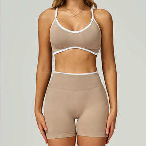 High Quality Two-Piece Sports <b>Bra</b> and High Waisted Shorts Set Solid Color Yoga Tank Top and Fitness Kit Front Logo Breathable - Product Image 2