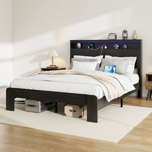Letto matrimoniale in legno con piattaforma, testiera illuminata a LED e contenitore, 2 USB, silenzioso, non richiede rete a molle - Product Image 2